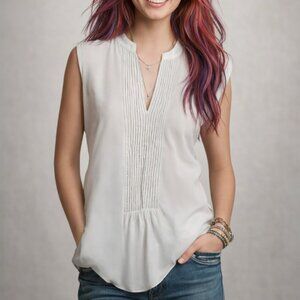 Cache Short Sleeve White Cotton Pin Tuck Gathered Bodice Sleeveless Top